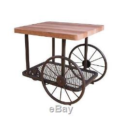 Industrial Wood Metal End Table Antique Style Wheel Cart Butcher Block Top Shelf