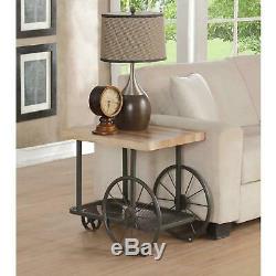 Industrial Wood Metal End Table Antique Style Wheel Cart Butcher Block Top Shelf