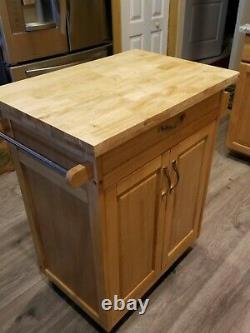 Kitchen Cart Mobile Island Solid Top Cutting Board Wood Butcher Block Wheels New
