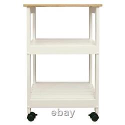 Kitchen Cart White Base Locking Wheels Shelves Natural Wood Butcher Block Top