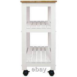 Kitchen Cart White Base Locking Wheels Shelves Natural Wood Butcher Block Top