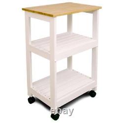 Kitchen Cart White Base Locking Wheels Shelves Natural Wood Butcher Block Top