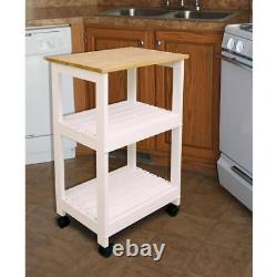 Kitchen Cart White Base Locking Wheels Shelves Natural Wood Butcher Block Top