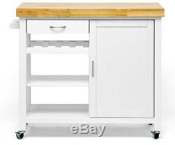 Kitchen Cart With Butcher Block Top Cabinet Storage Organizer Durable White