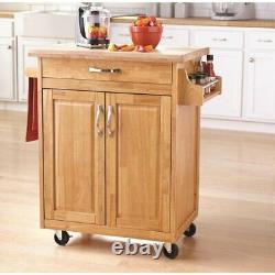 Kitchen Island Cart with Drawer, Spice Rack, Towel Bar, Butcher Block Top, Natural