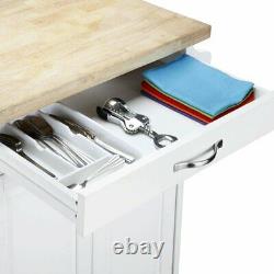 Kitchen Island Cart with Drawer, Spice Rack, Towel Bar, Butcher Block Top, White