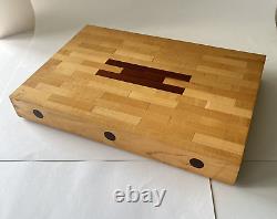 Maple Walnut Butcher Block Inlay Charcuterie Cutting Wooden Board Footed 14 x 10