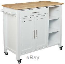 Mobile Butcher Block Top Kitchen Cart Cabinet Wood Island Storage on Wheels