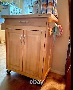 Mobile Kitchen Cart Island Top Solid Wood Cutting Board Butcher Block Wheels New