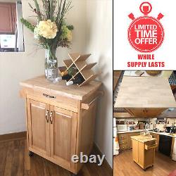 Mobile Kitchen Island Cart on Wheels Top Cutting Board Solid Wood Butcher Block