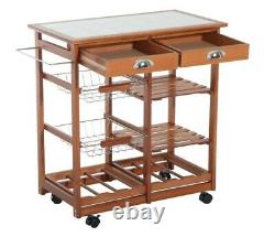Portable Rolling Tile Top Kitchen Trolley Butchers Block Cart with Wine Rack