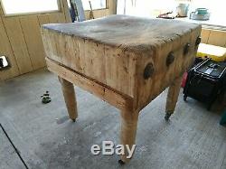 RARE antique Solid Wood Butcher Block Table 30 X 31X 12 32 vintage maple wheels