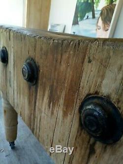 RARE antique Solid Wood Butcher Block Table 30 X 31X 12 32 vintage maple wheels