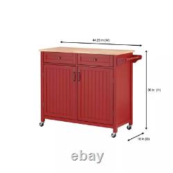 Red Wood Rolling Kitchen Cart Butcher Block Top Dual Drawer Farmhouse Caster NEW