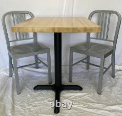 Restaurant Butcher Block Table WithBase 30x25x30H & Two 33H Silver Metal Chairs
