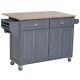 Rolling Oak Wood Drop Leaf Kitchen Island Cart With Drawers And Butcher Block Grey