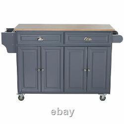 Rolling Oak Wood Drop Leaf Kitchen Island Cart with Drawers and Butcher Block Grey
