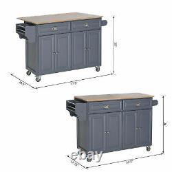Rolling Oak Wood Drop Leaf Kitchen Island Cart with Drawers and Butcher Block Grey