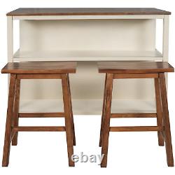 Rustic 3 Piece Solid Wood Kitchen Island Set With Butcher Block Table and 2 Bar