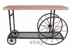 Rustic Industrial Sofa Table Wood Metal Wheels Mesh Shelf Butcher Block Top