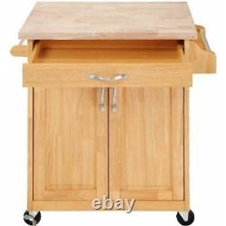 Solid Wood Butcher Block Top Kitchen Island Cart with Drawer & Storage Shelves