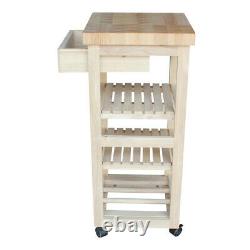 Solid Wood Kitchen Cart Trolley Server Butcher Block Wine Rack Drawer Unstained