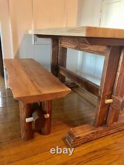 Trestle Farm Table with Butcher Block top, live edge Bench and Pulley light