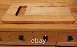 Vintage 1980's Butcher Block Kitchen Island Solid Wood w 6 Drawers Pullout Shelf