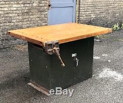 Vintage Industrial Butcher Block Wood Kitchen Island Green Metal Base Workbench
