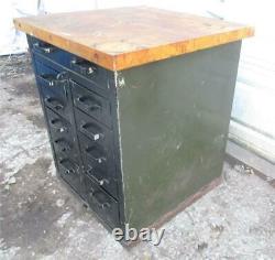 Vintage Industrial Butcher Block Wood Top Metal Cabinet Bin 12 Drawer Table