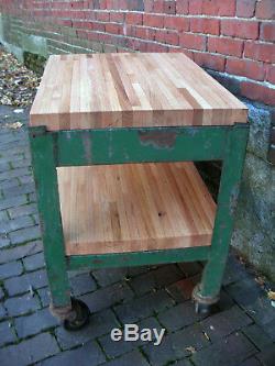 Vintage Industrial Factory Cart Steel Metal Stand Oak Wood Butcherblock Table