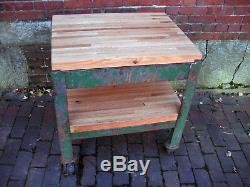 Vintage Industrial Factory Cart Steel Metal Stand Oak Wood Butcherblock Table