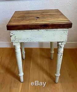 Vtg Antique Butcher Block Table Shabby Chic 23x23x32 Redwood Chippy Ivory with Top