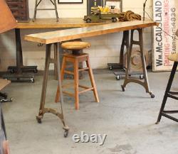 Vtg Antique Industrial 72 Console Table Bar Wood Butcher Block Cast Iron Legs