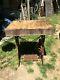 Vtg Wood Butcher Block Table On Cast Iron Sewing Machine Base Industrial Table