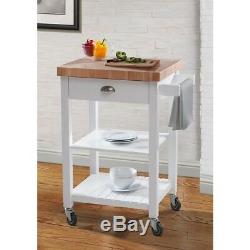 White Kitchen Rolling Carts Butcher Block Top Thick Wood Caster Rack Storage