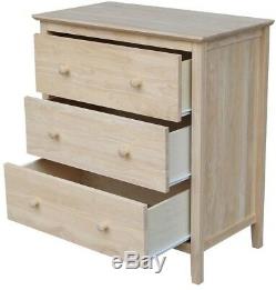 Commode Classique Avec 3 Tiroirs De La Chambre À Coucher, Dessus En Bloc En Bois Massif Non Fini