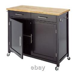 Stylewell Kitchen Cart Butcher Block Top Solid Natural Wood Black 2 Tiroirs