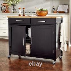 Stylewell Kitchen Cart Butcher Block Top Solid Natural Wood Black 2 Tiroirs